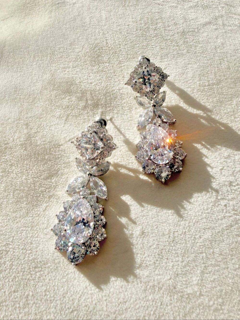 Cubic Zirconia Pear Cut Drop Earrings Silver Bridal Statement Sparkly